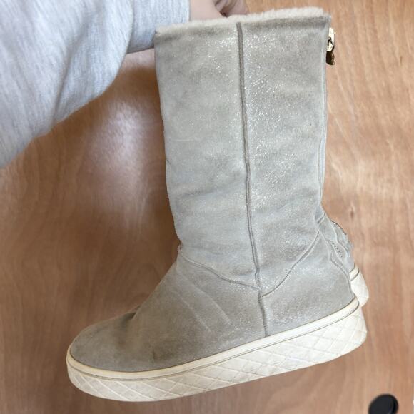 Moncler Beige Sparkle Womens 40 Winter Sherpa Lined Boots Flaws Wear RARE